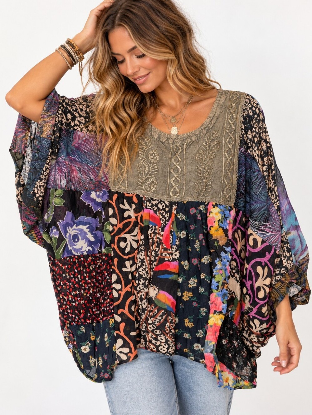 Young Threads Patchwork Boho Embroidered Oversized Tunic Top L NWT